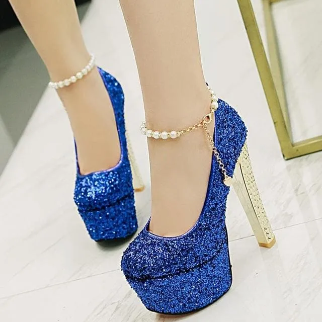 Ultra High Stiletto Thick Heels Glitters Sequins Party Wedding Shoes