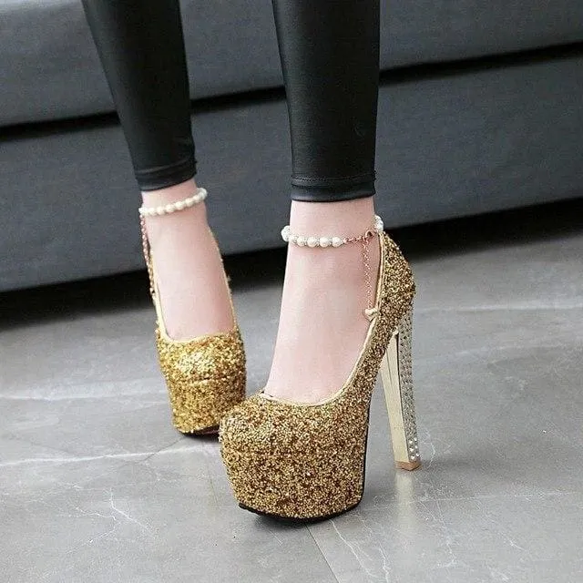 Ultra High Stiletto Thick Heels Glitters Sequins Party Wedding Shoes