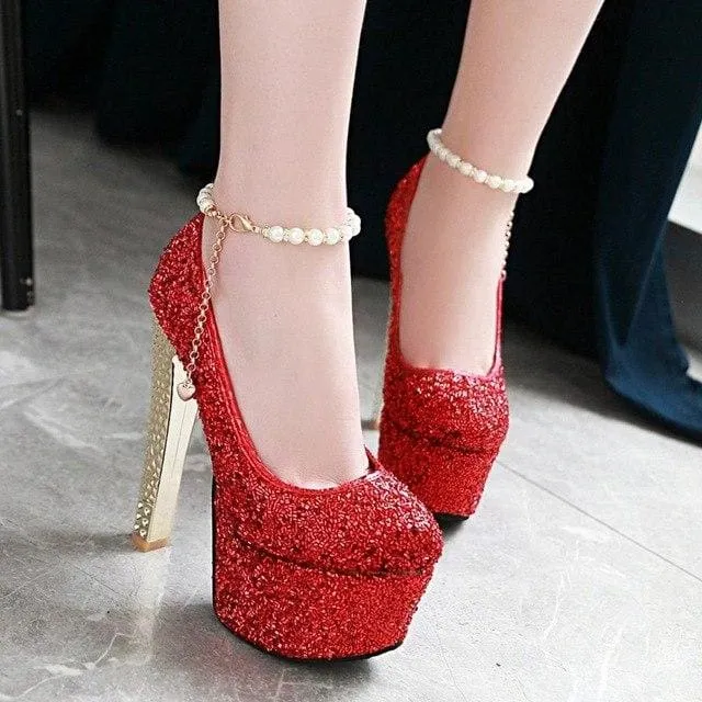 Ultra High Stiletto Thick Heels Glitters Sequins Party Wedding Shoes