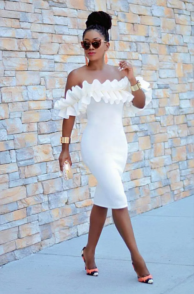 White Sexy Ruffled Bodycon Dresses