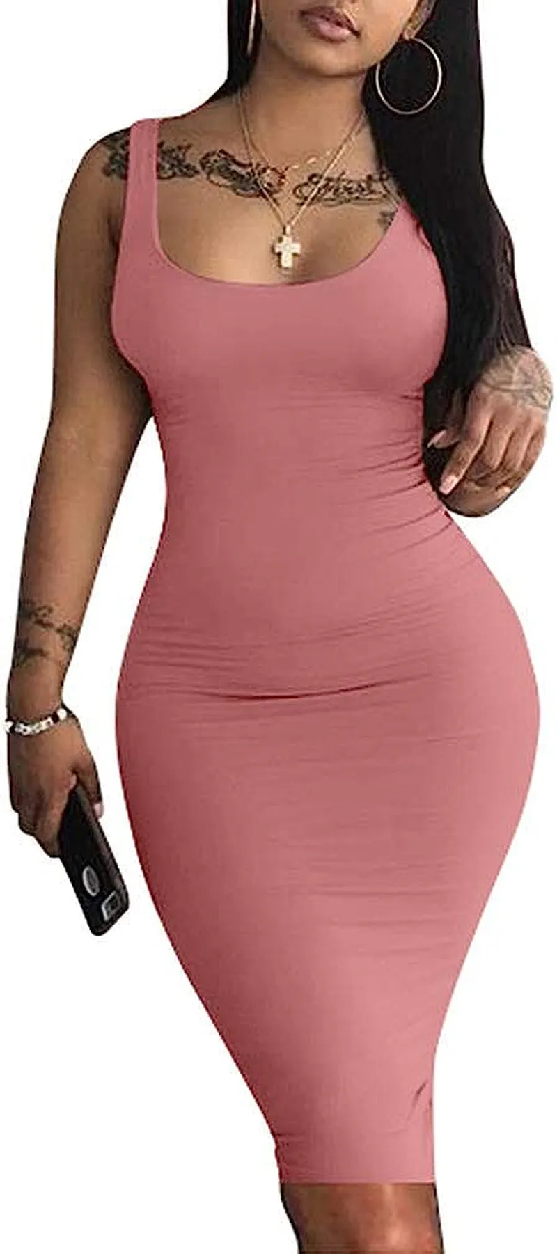 Women's Sexy Bodycon Tank Dress Sleeveless Basic Midi Club Dresses