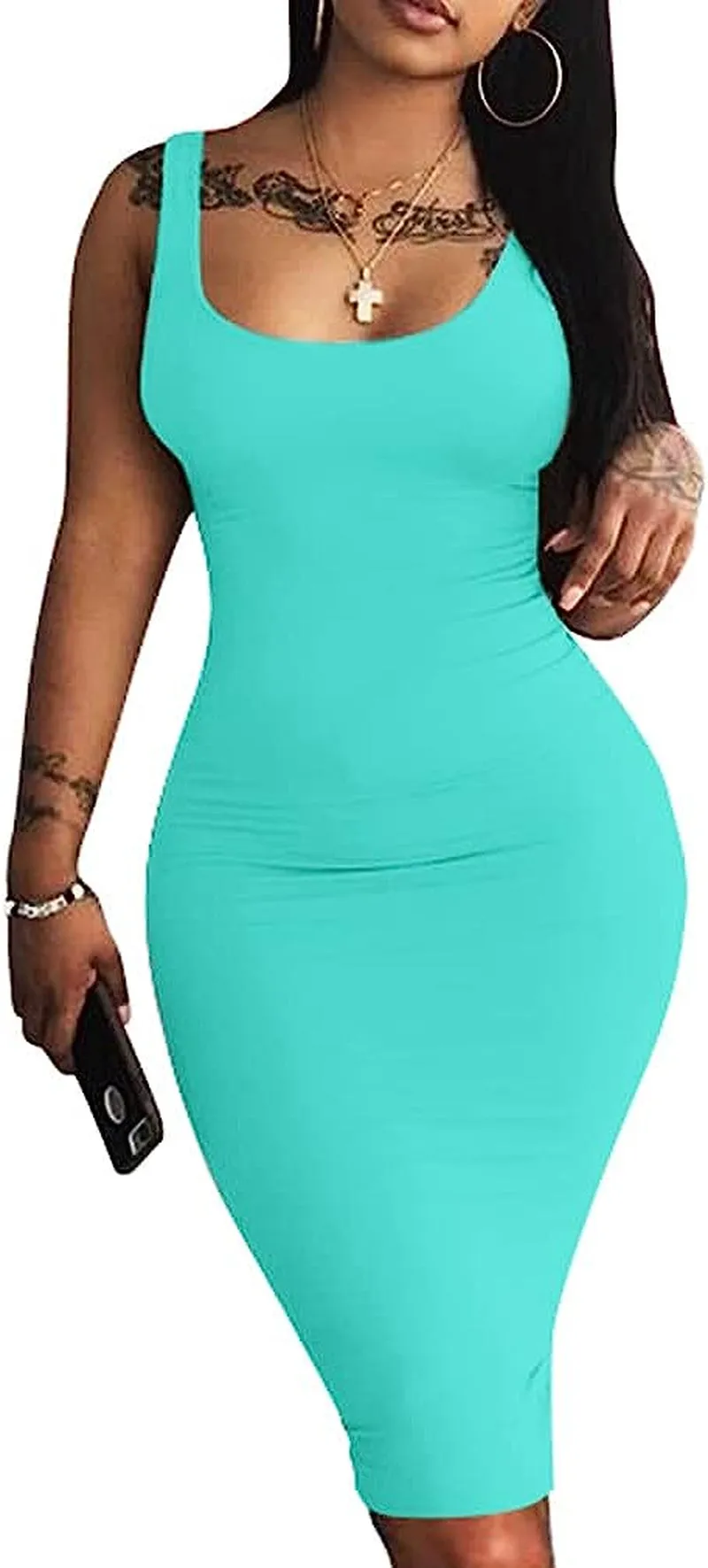 Women's Sexy Bodycon Tank Dress Sleeveless Basic Midi Club Dresses