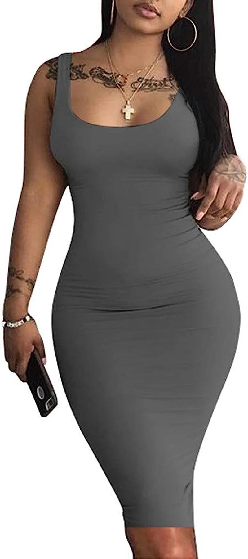 Women's Sexy Bodycon Tank Dress Sleeveless Basic Midi Club Dresses