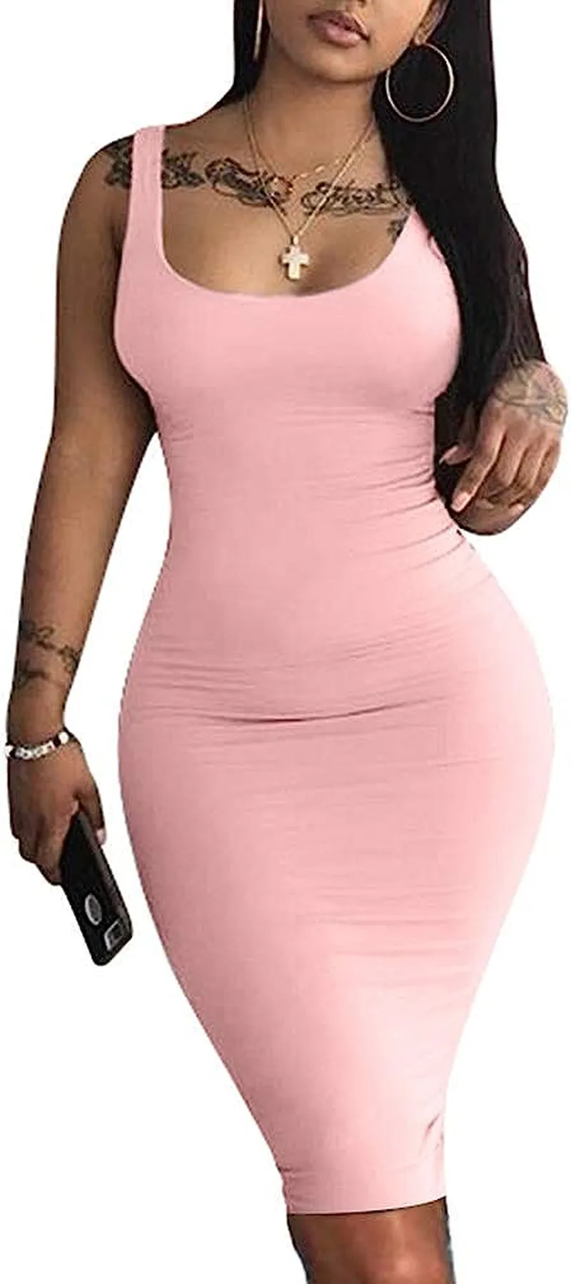 Women's Sexy Bodycon Tank Dress Sleeveless Basic Midi Club Dresses