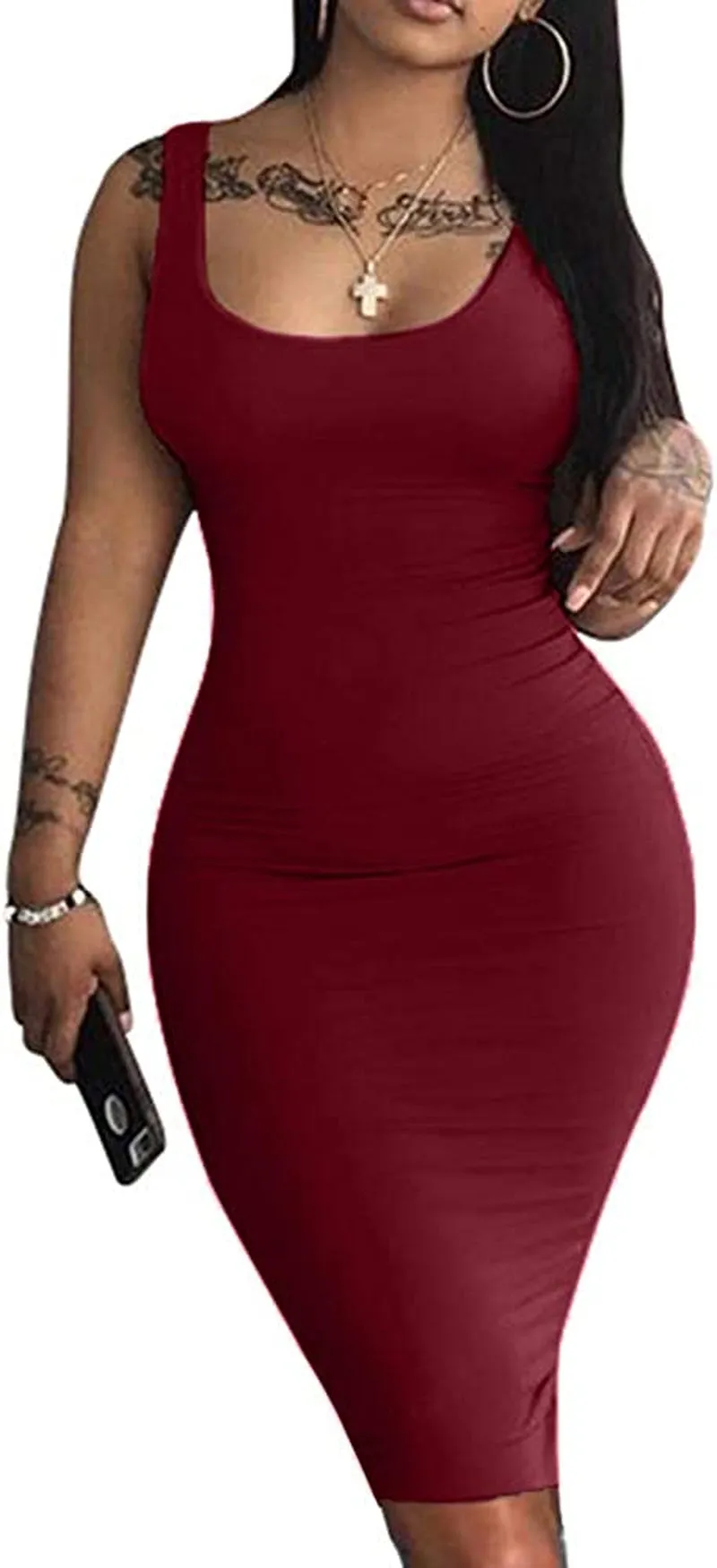 Women's Sexy Bodycon Tank Dress Sleeveless Basic Midi Club Dresses