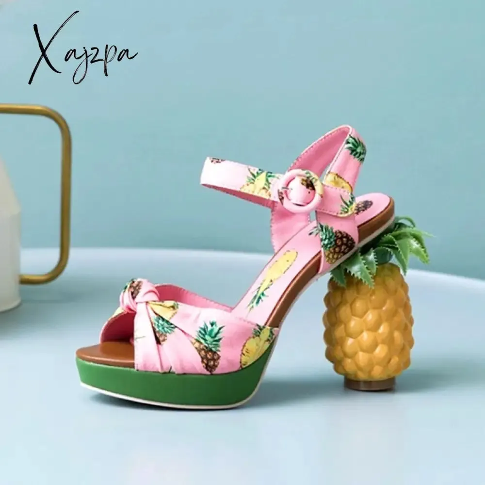 Xajzpa - fashion novelty pineapple heel sweet pumps sexy open toe leather sandals women party date shoes platform pink shoes girls sandal