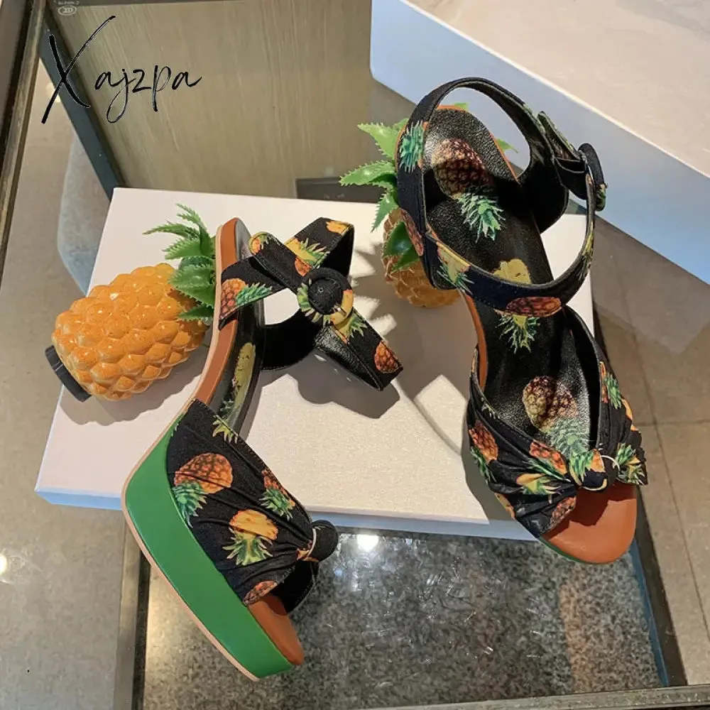 Xajzpa - fashion novelty pineapple heel sweet pumps sexy open toe leather sandals women party date shoes platform pink shoes girls sandal