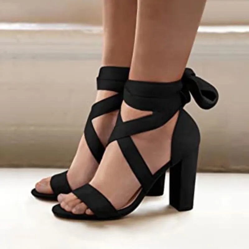 xiangtuibao  Ankle Strap High Heels Sandals Women Riband Thick Heeled Women's Sandals Summer  Cross-tied Rome Sandalias Mujer