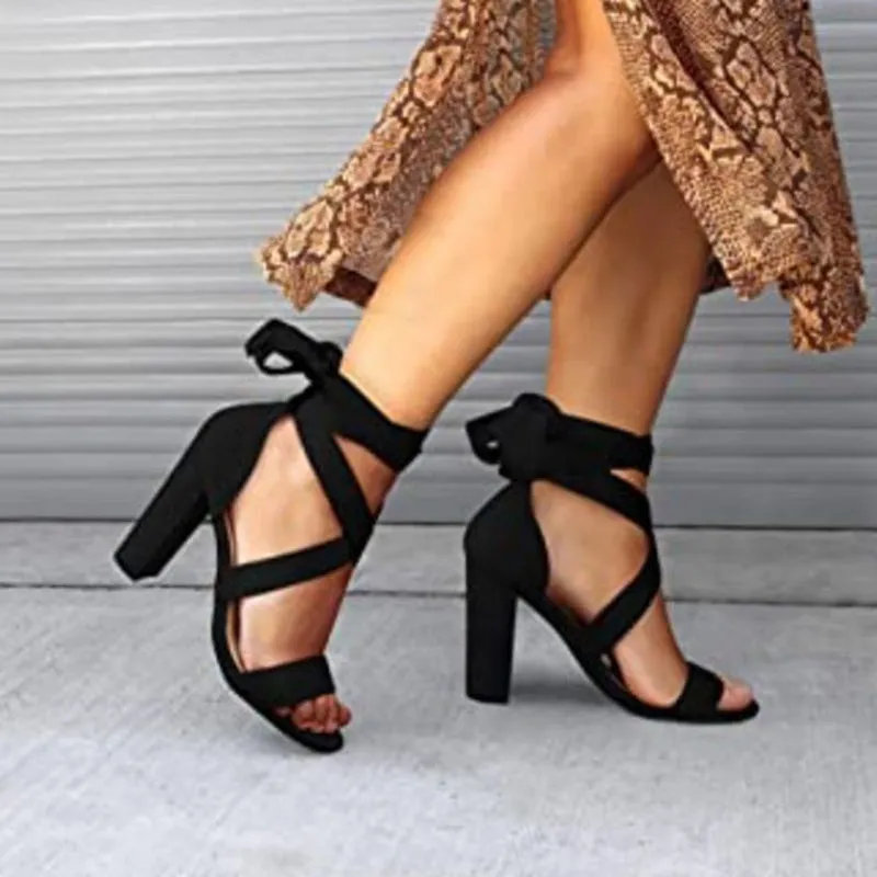 xiangtuibao  Ankle Strap High Heels Sandals Women Riband Thick Heeled Women's Sandals Summer  Cross-tied Rome Sandalias Mujer