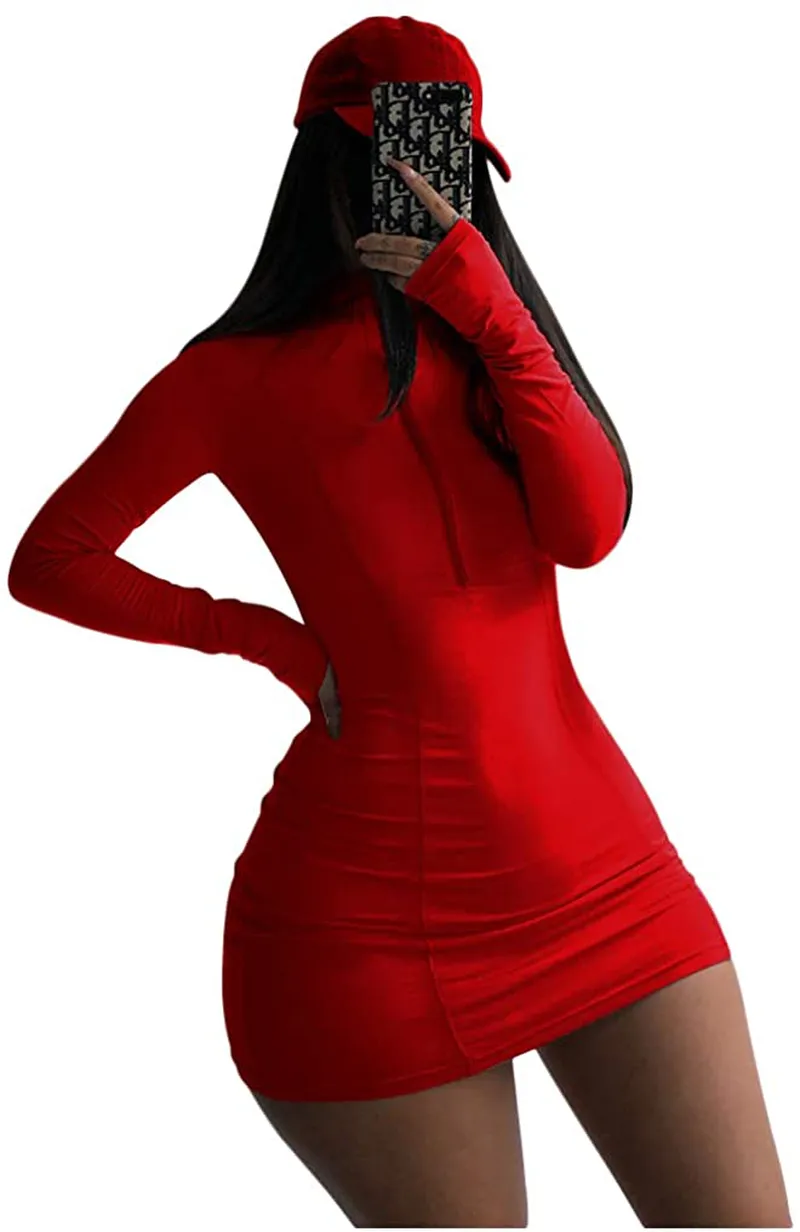 XLLAIS Women Long Sleeve Bodycon Dress with Zipper High Neck Cotton Outfits Fitness Mini Dresses