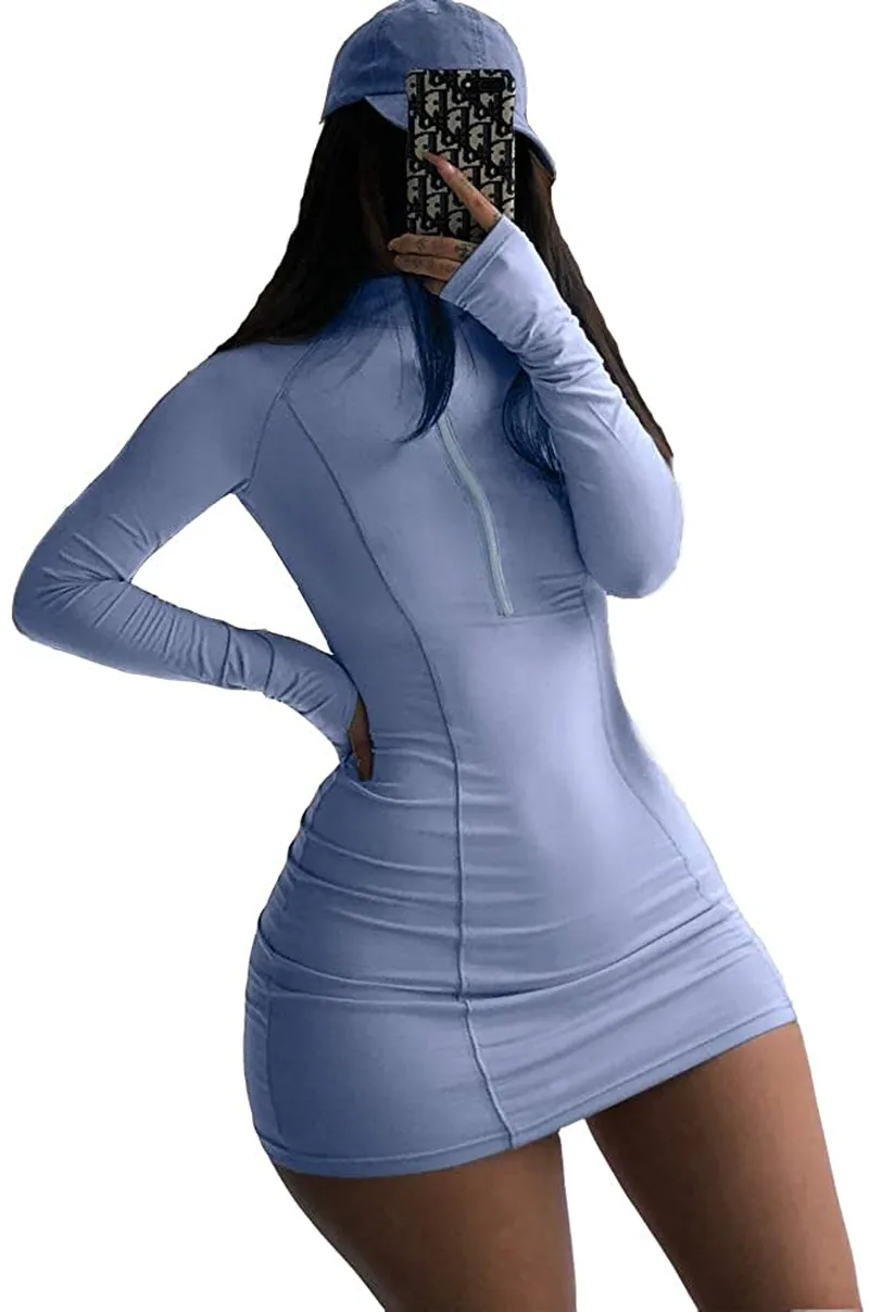 XLLAIS Women Long Sleeve Bodycon Dress with Zipper High Neck Cotton Outfits Fitness Mini Dresses