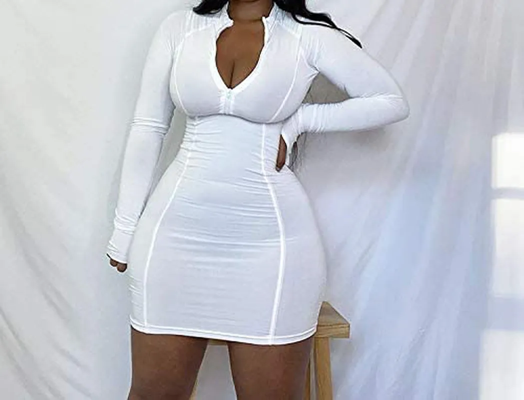 XLLAIS Women Long Sleeve Bodycon Dress with Zipper High Neck Cotton Outfits Fitness Mini Dresses