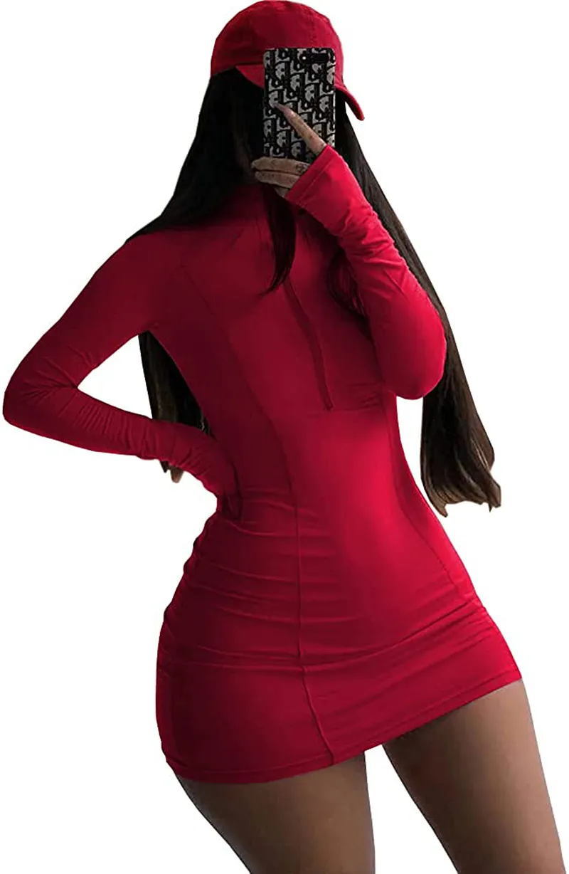 XLLAIS Women Long Sleeve Bodycon Dress with Zipper High Neck Cotton Outfits Fitness Mini Dresses